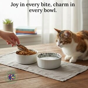 Signature Ceramic Cat Bowls – Set of 2 with Playful Kitty Designs, Microwave Saf